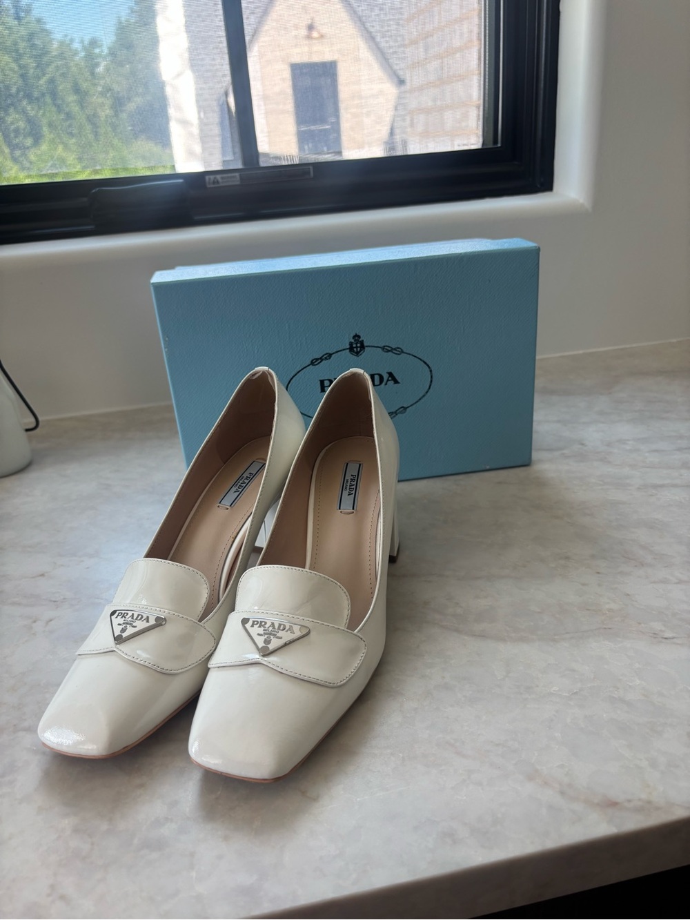 Prada Cream Patent Leather Mid Heel Loafers